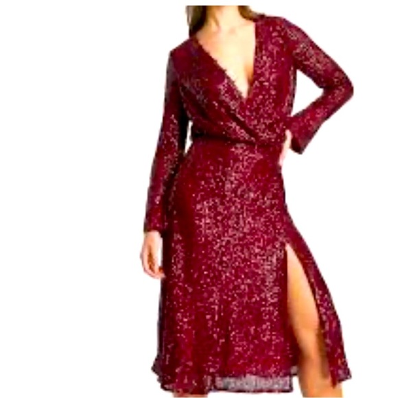 NWT ASOS Burgundy Red Sequin 3/4 Sleeve Wrap Midi Maxi Formal Cocktail Dress 22 - Picture 1 of 16